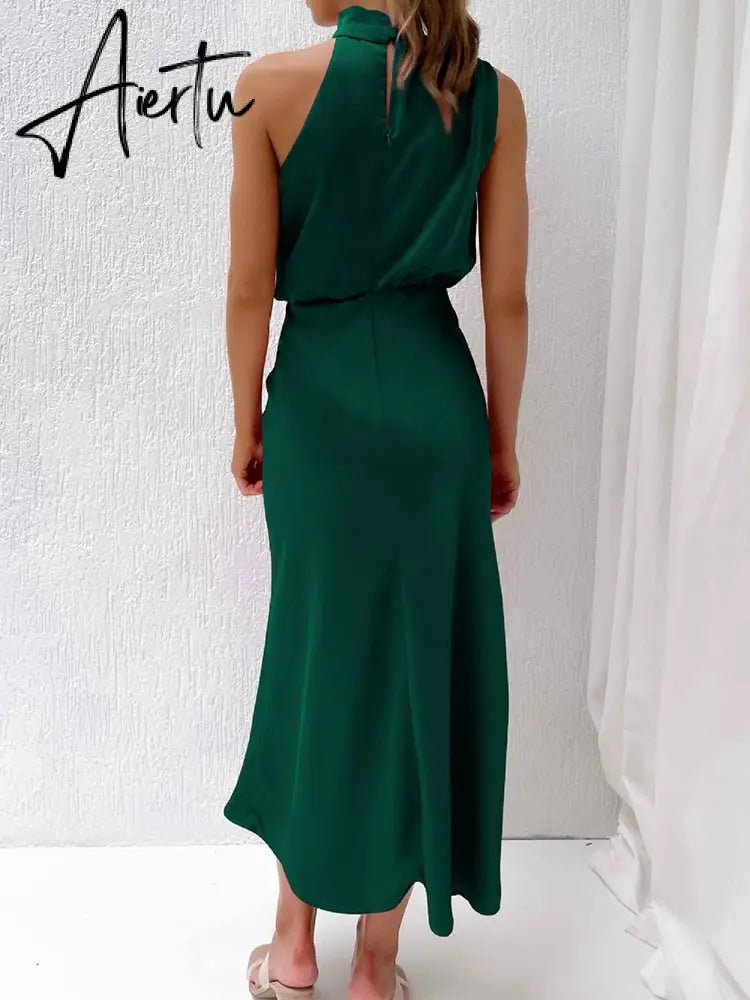 One Shoulder Turtleneck Tank Satin Women Party Dress Robe Zip Sleeveless Elegant Vintage Folds Women Clothing Aiertu
