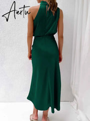 One Shoulder Turtleneck Tank Satin Women Party Dress Robe Zip Sleeveless Elegant Vintage Folds Women Clothing Aiertu