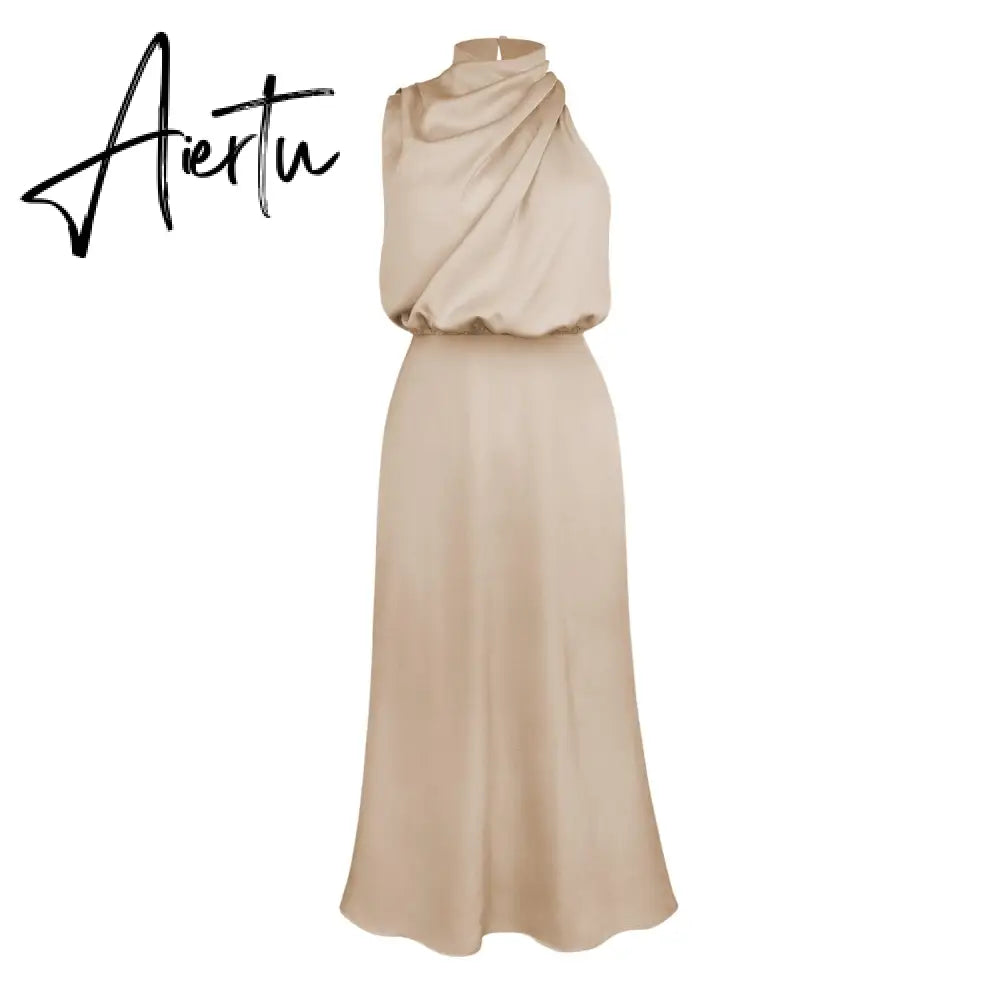 One Shoulder Turtleneck Tank Satin Women Party Dress Robe Zip Sleeveless Elegant Vintage Folds Women Clothing Aiertu