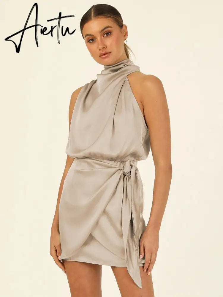 One Shoulder Turtleneck Tank Satin Women Party Dress Robe Zip Sleeveless Elegant Vintage Folds Women Clothing Aiertu