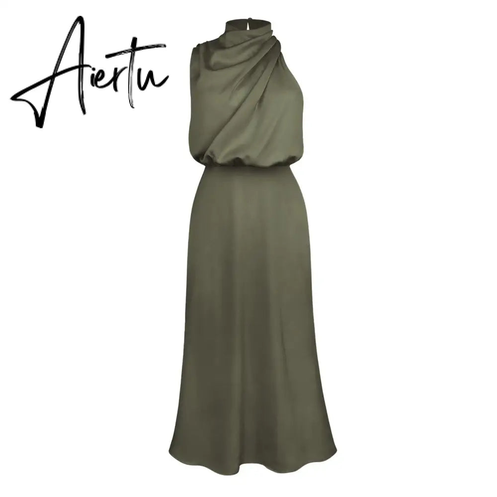 One Shoulder Turtleneck Tank Satin Women Party Dress Robe Zip Sleeveless Elegant Vintage Folds Women Clothing Aiertu
