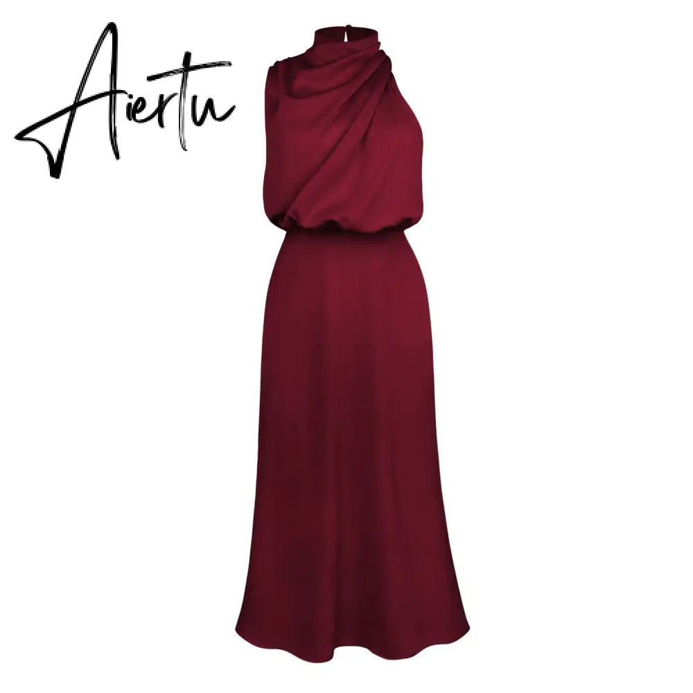 One Shoulder Turtleneck Tank Satin Women Party Dress Robe Zip Sleeveless Elegant Vintage Folds Women Clothing Aiertu