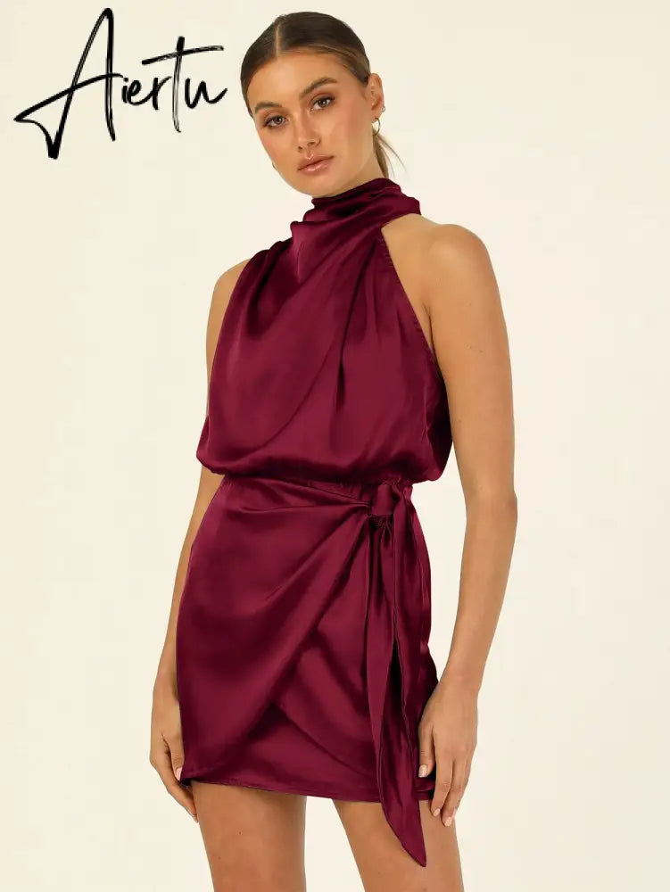 One Shoulder Turtleneck Tank Satin Women Party Dress Robe Zip Sleeveless Elegant Vintage Folds Women Clothing Aiertu