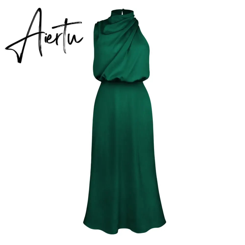 One Shoulder Turtleneck Tank Satin Women Party Dress Robe Zip Sleeveless Elegant Vintage Folds Women Clothing Aiertu
