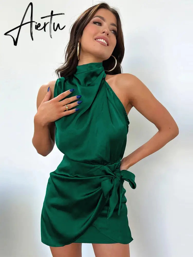 One Shoulder Turtleneck Tank Satin Women Party Dress Robe Zip Sleeveless Elegant Vintage Folds Women Clothing Aiertu