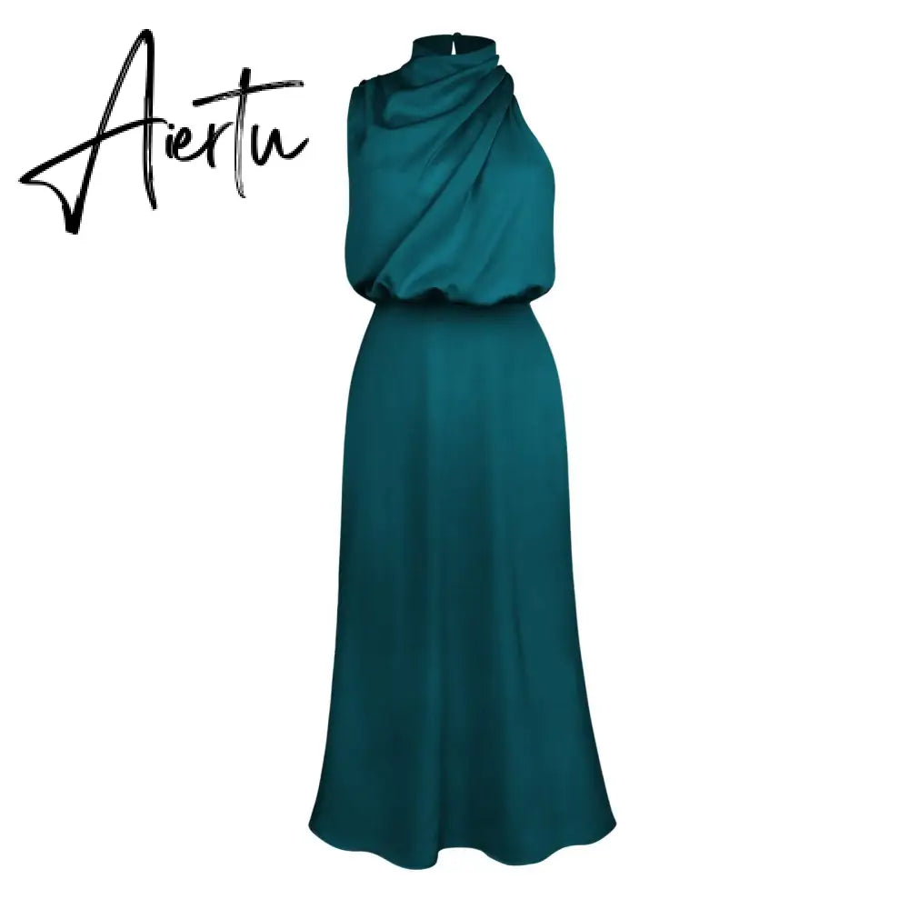 One Shoulder Turtleneck Tank Satin Women Party Dress Robe Zip Sleeveless Elegant Vintage Folds Women Clothing Aiertu