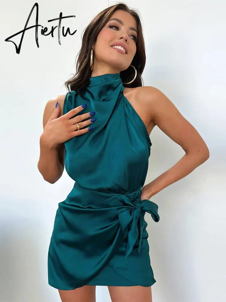 One Shoulder Turtleneck Tank Satin Women Party Dress Robe Zip Sleeveless Elegant Vintage Folds Women Clothing Aiertu