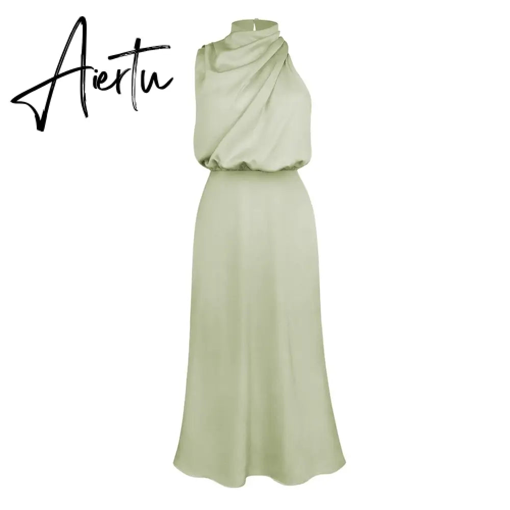 One Shoulder Turtleneck Tank Satin Women Party Dress Robe Zip Sleeveless Elegant Vintage Folds Women Clothing Aiertu