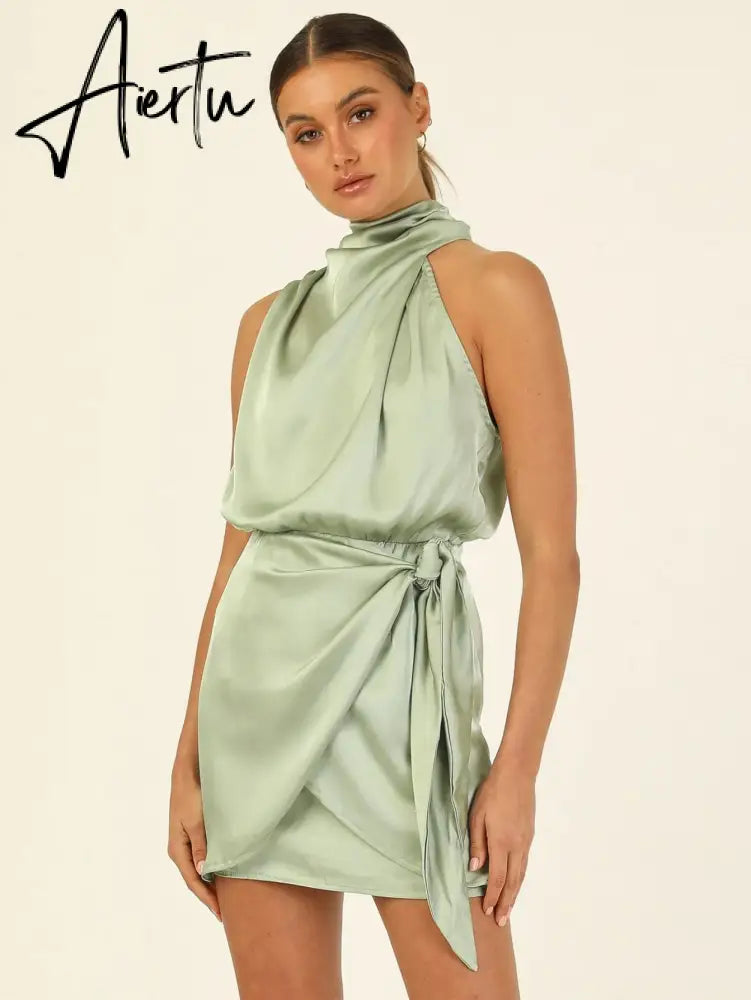 One Shoulder Turtleneck Tank Satin Women Party Dress Robe Zip Sleeveless Elegant Vintage Folds Women Clothing Aiertu