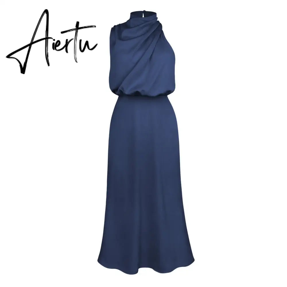 One Shoulder Turtleneck Tank Satin Women Party Dress Robe Zip Sleeveless Elegant Vintage Folds Women Clothing Aiertu