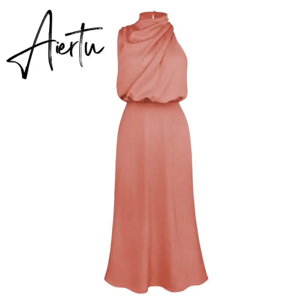 One Shoulder Turtleneck Tank Satin Women Party Dress Robe Zip Sleeveless Elegant Vintage Folds Women Clothing Aiertu