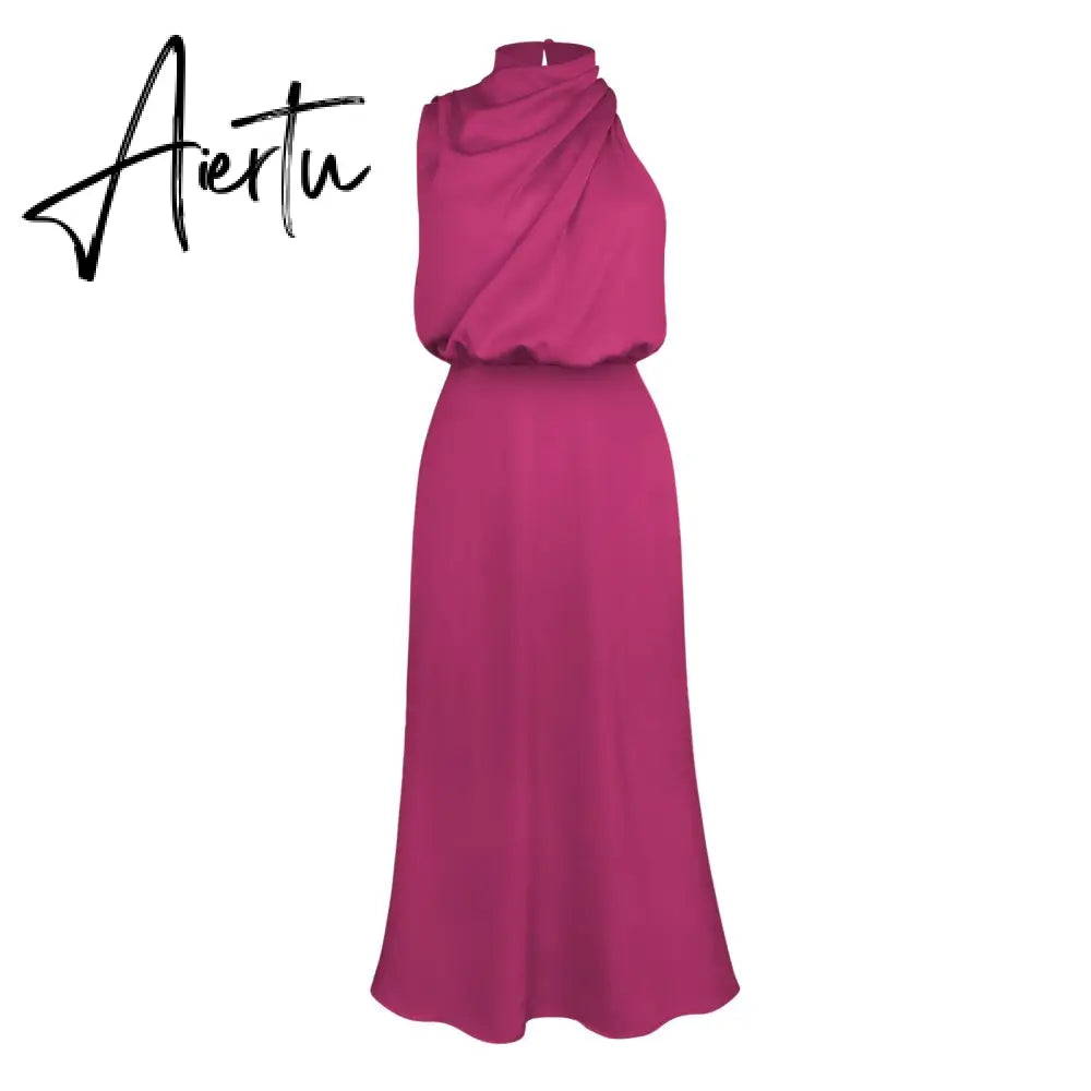 One Shoulder Turtleneck Tank Satin Women Party Dress Robe Zip Sleeveless Elegant Vintage Folds Women Clothing Aiertu