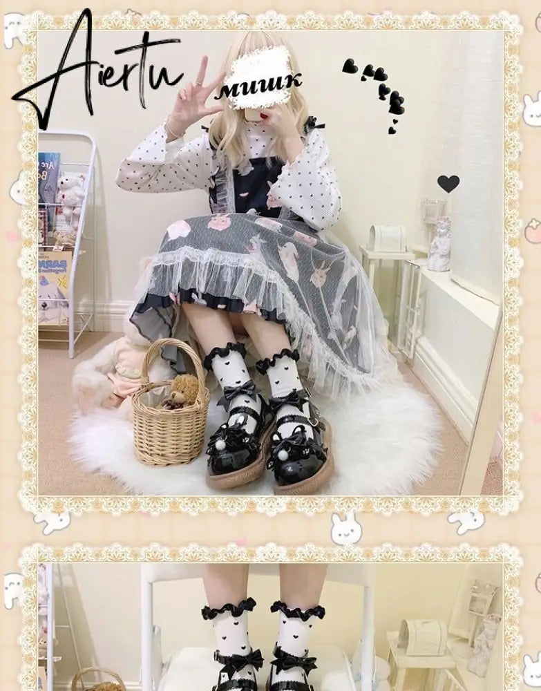 Original Kawaii Rabbit Ears Round Head Flat Cute Student Jk Women Shoes Gothic Lolita Japanese Anime Cosplay Zapatos Mujer Aiertu