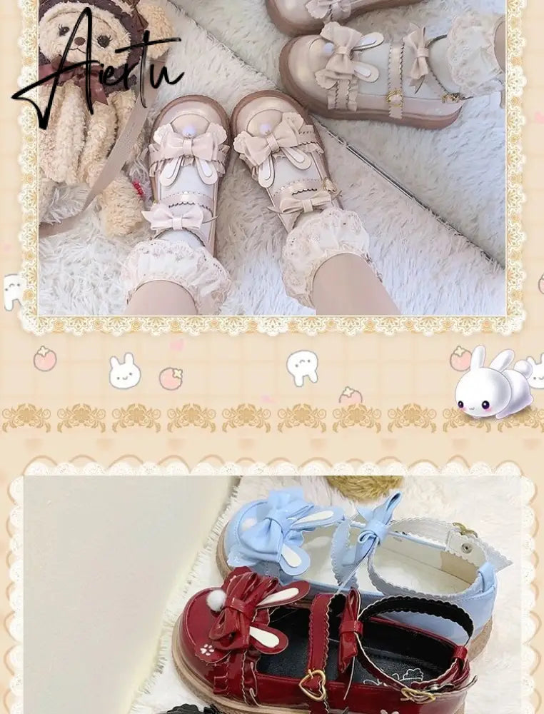 Original Kawaii Rabbit Ears Round Head Flat Cute Student Jk Women Shoes Gothic Lolita Japanese Anime Cosplay Zapatos Mujer Aiertu