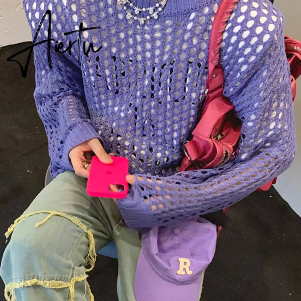 Oversized Hollow Out Y2K T-Shirts Knitting Loose Sweaters Vintage Pullovers Korean Fashion Hip Hop Tops Grunge Clothes Aiertu