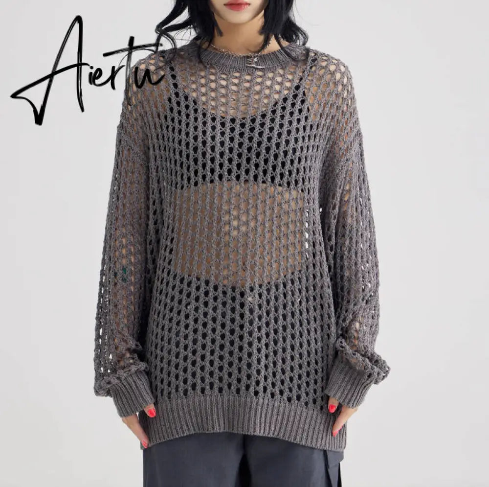 Oversized Hollow Out Y2K T-Shirts Knitting Loose Sweaters Vintage Pullovers Korean Fashion Hip Hop Tops Grunge Clothes Aiertu
