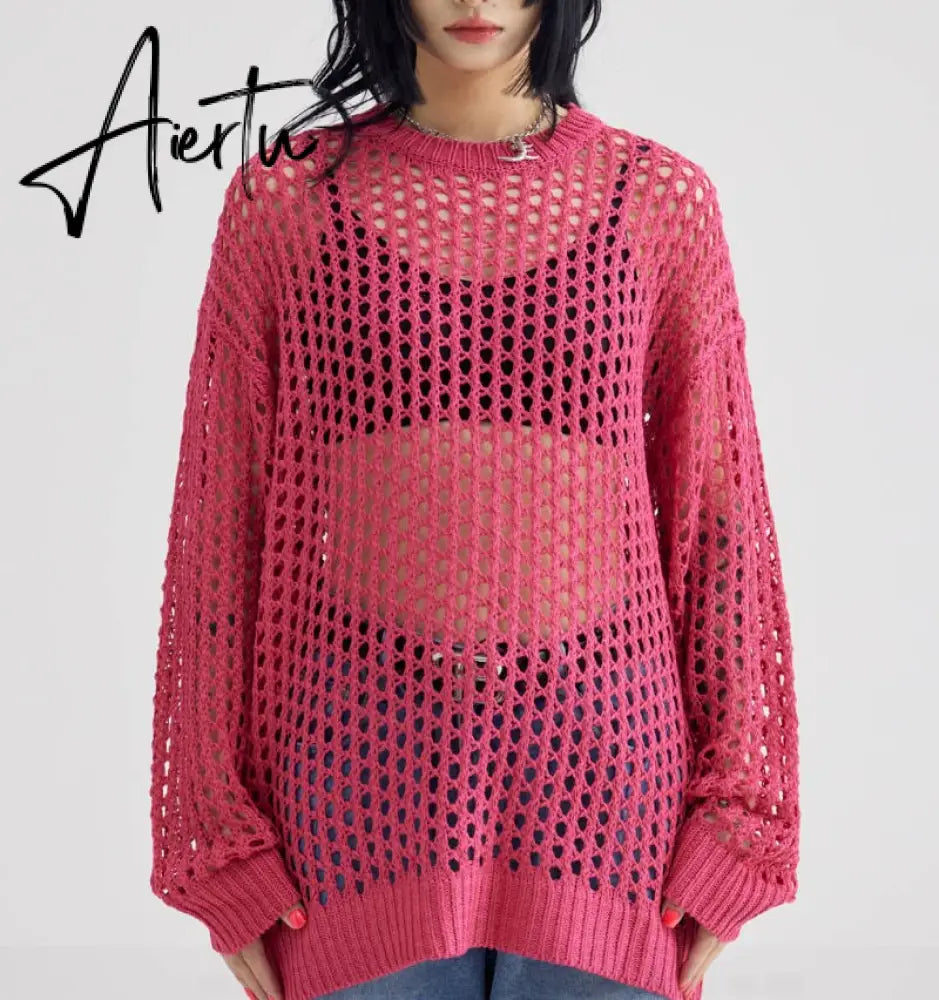 Oversized Hollow Out Y2K T-Shirts Knitting Loose Sweaters Vintage Pullovers Korean Fashion Hip Hop Tops Grunge Clothes Aiertu