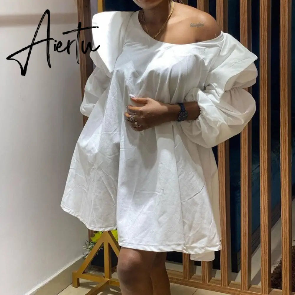 Oversized Women Cotton Shirt Dress Cute Ladies Puff Sleeve Off Shoulder Loose Elegant Street Vacation Outfits Summer Fall Aiertu