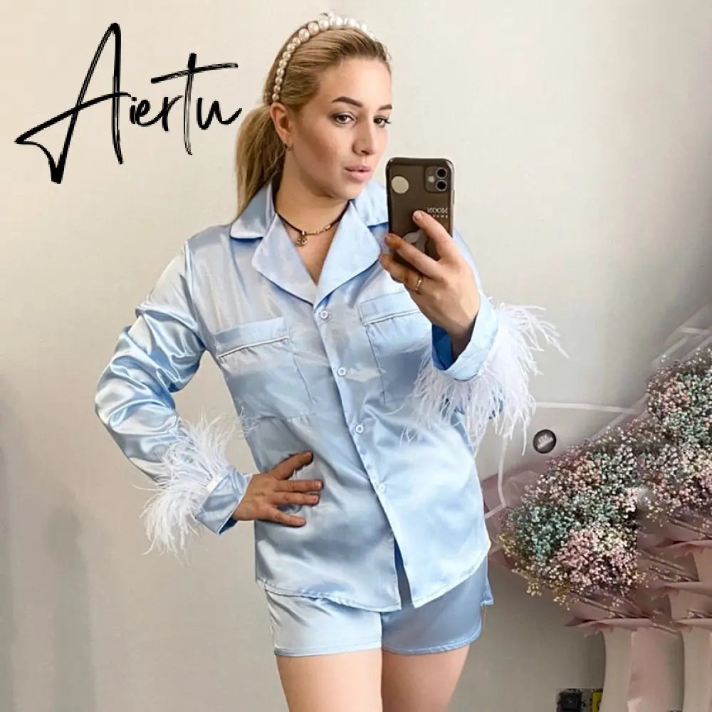 Pajamas For Women 2 Piece Set Feathers Long Sleeve Turn Down Collar Sleepwear Autumn Casual Night Suits With Shorts Satin Aiertu