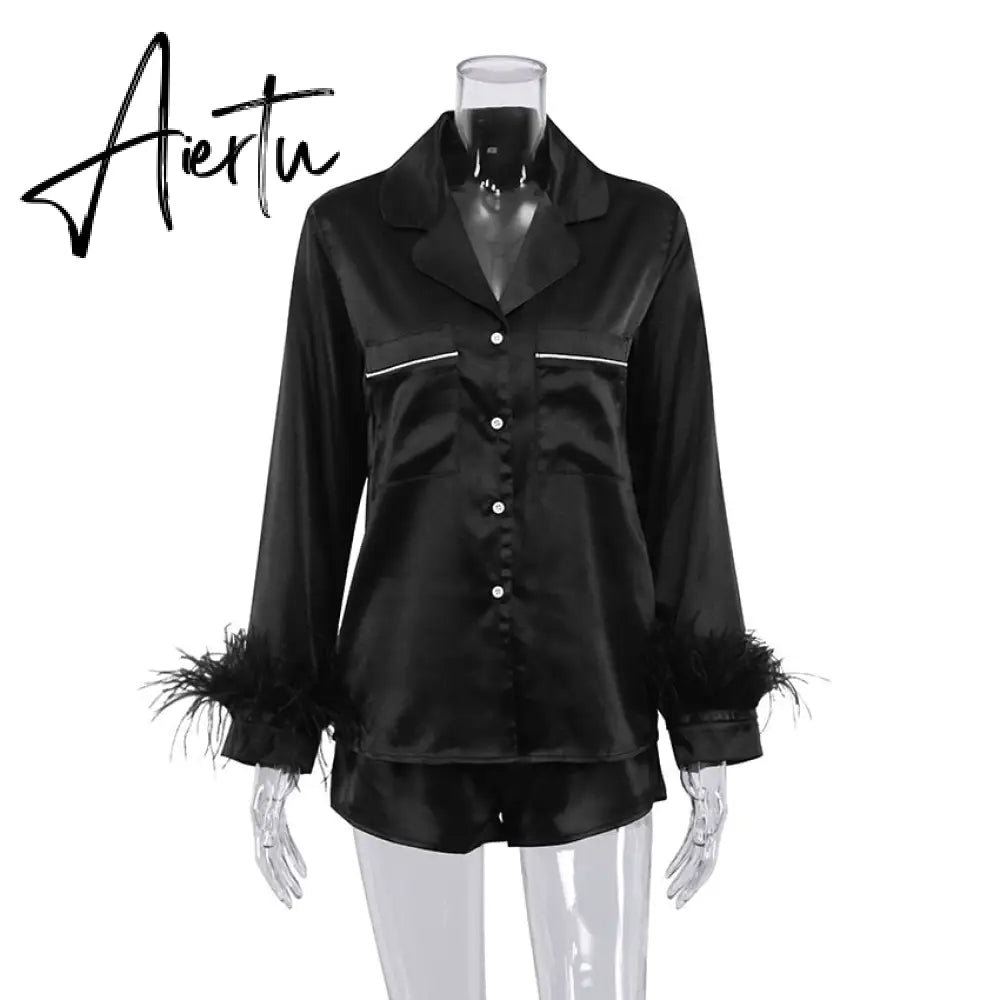 Pajamas For Women 2 Piece Set Feathers Long Sleeve Turn Down Collar Sleepwear Autumn Casual Night Suits With Shorts Satin Aiertu