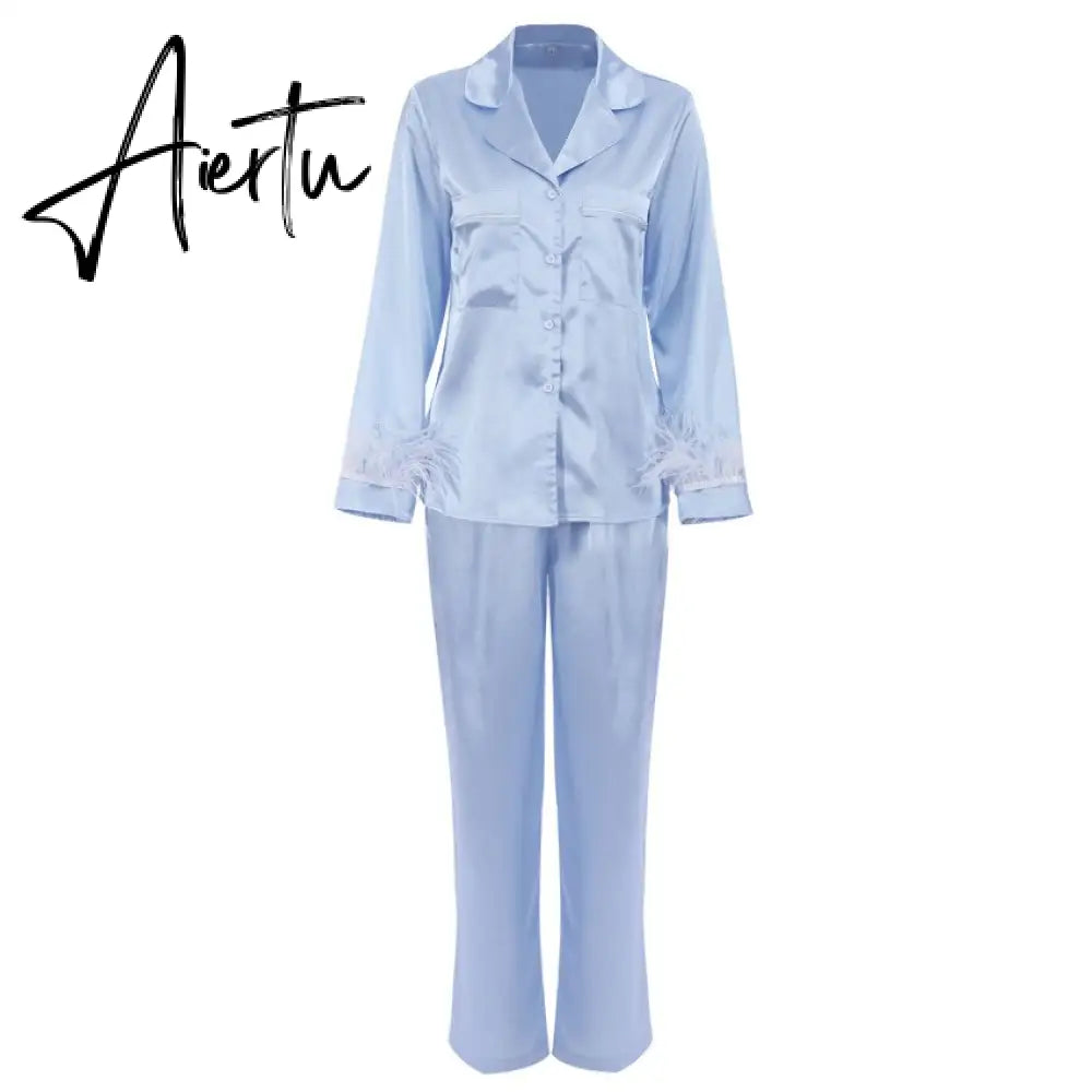 Pajamas For Women 2 Piece Set Feathers Long Sleeve Turn Down Collar Sleepwear Autumn Casual Night Suits With Shorts Satin Aiertu