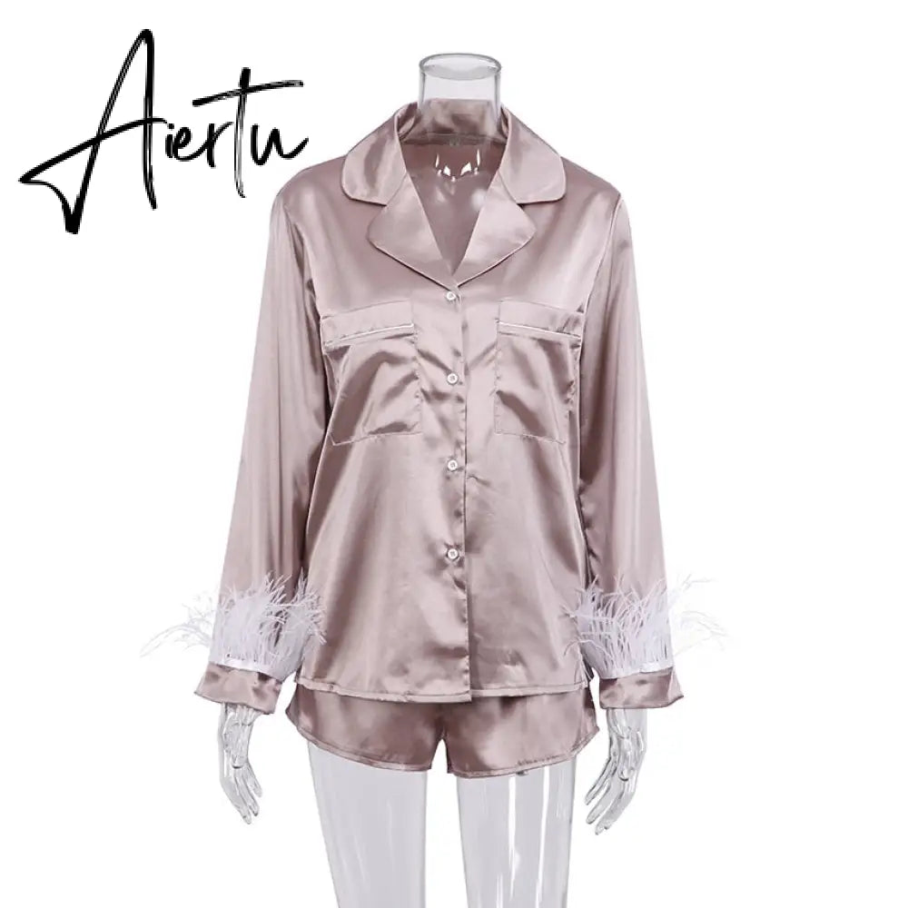 Pajamas For Women 2 Piece Set Feathers Long Sleeve Turn Down Collar Sleepwear Autumn Casual Night Suits With Shorts Satin Aiertu