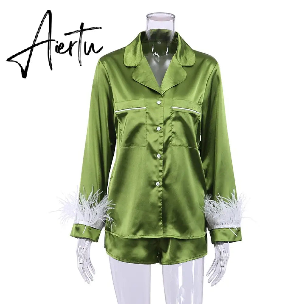 Pajamas For Women 2 Piece Set Feathers Long Sleeve Turn Down Collar Sleepwear Autumn Casual Night Suits With Shorts Satin Aiertu