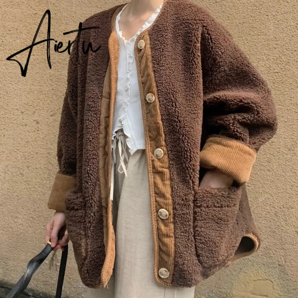 Parkas Women Winter Retro Patchwork Korean Style O-neck Long Sleeve Outwear Fashion Tender Warm Streetwear Vintage BF Casual Ins Aiertu