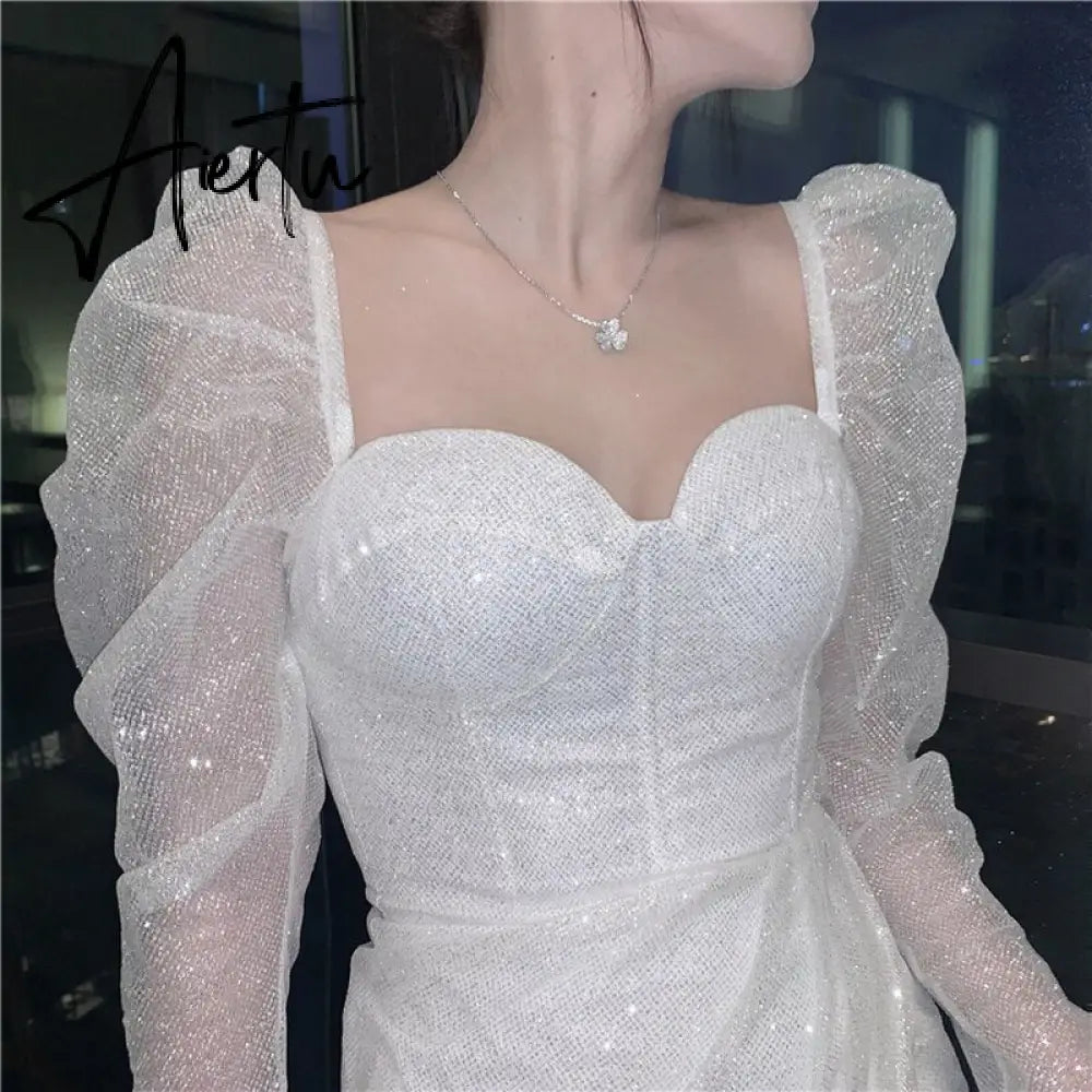 Party Club Evening Dresses Women Vestido De Mujer Fall Elegant Korean Spring Long Sleeve Sqaure Collar Woman Dress Mini Aiertu