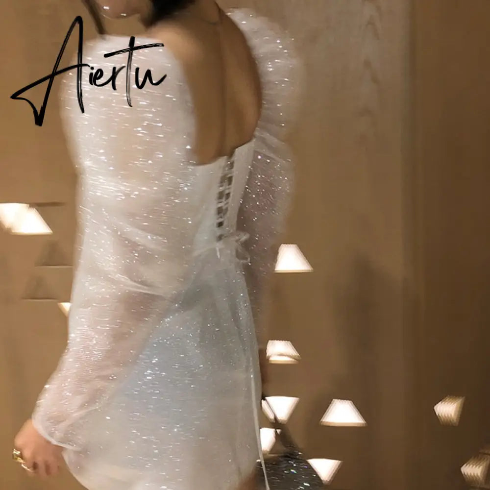 Party Club Evening Dresses Women Vestido De Mujer Fall Elegant Korean Spring Long Sleeve Sqaure Collar Woman Dress Mini Aiertu