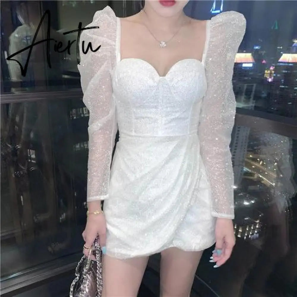 Party Club Evening Dresses Women Vestido De Mujer Fall Elegant Korean Spring Long Sleeve Sqaure Collar Woman Dress Mini Aiertu