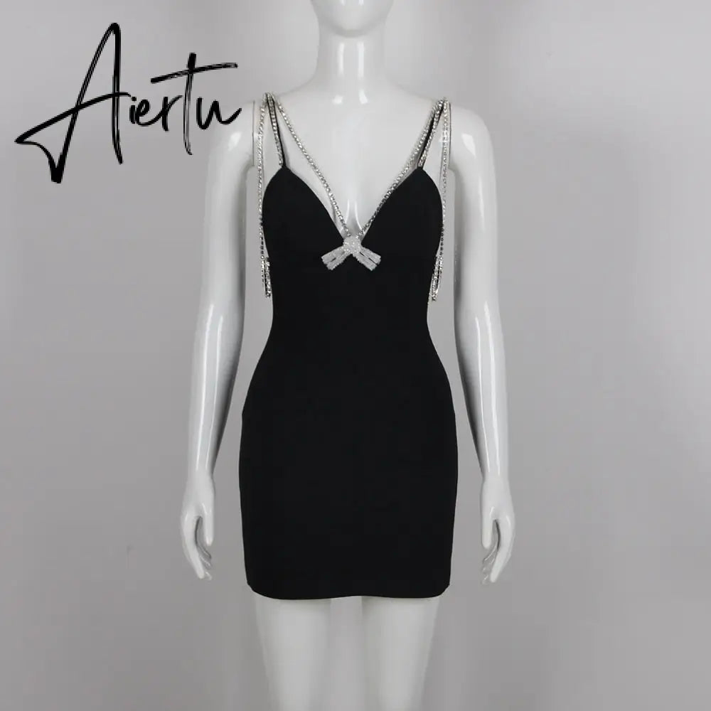 Party Dress Women Luxury Crystal Bow Spaghetti Strap Black Sleeveless Sexy Mini Bodycon Bandage Dress Vestido Aiertu