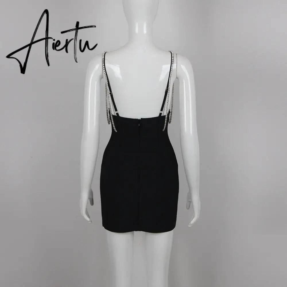 Party Dress Women Luxury Crystal Bow Spaghetti Strap Black Sleeveless Sexy Mini Bodycon Bandage Dress Vestido Aiertu
