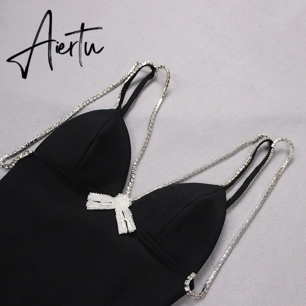 Party Dress Women Luxury Crystal Bow Spaghetti Strap Black Sleeveless Sexy Mini Bodycon Bandage Dress Vestido Aiertu