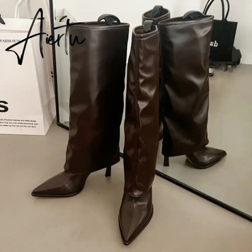 Party Modern Ladies Knee High Boots Pointed Toe  Fashion Pleated Western Women Long Boots Shoes Female Pumps Heels Shoes Aiertu