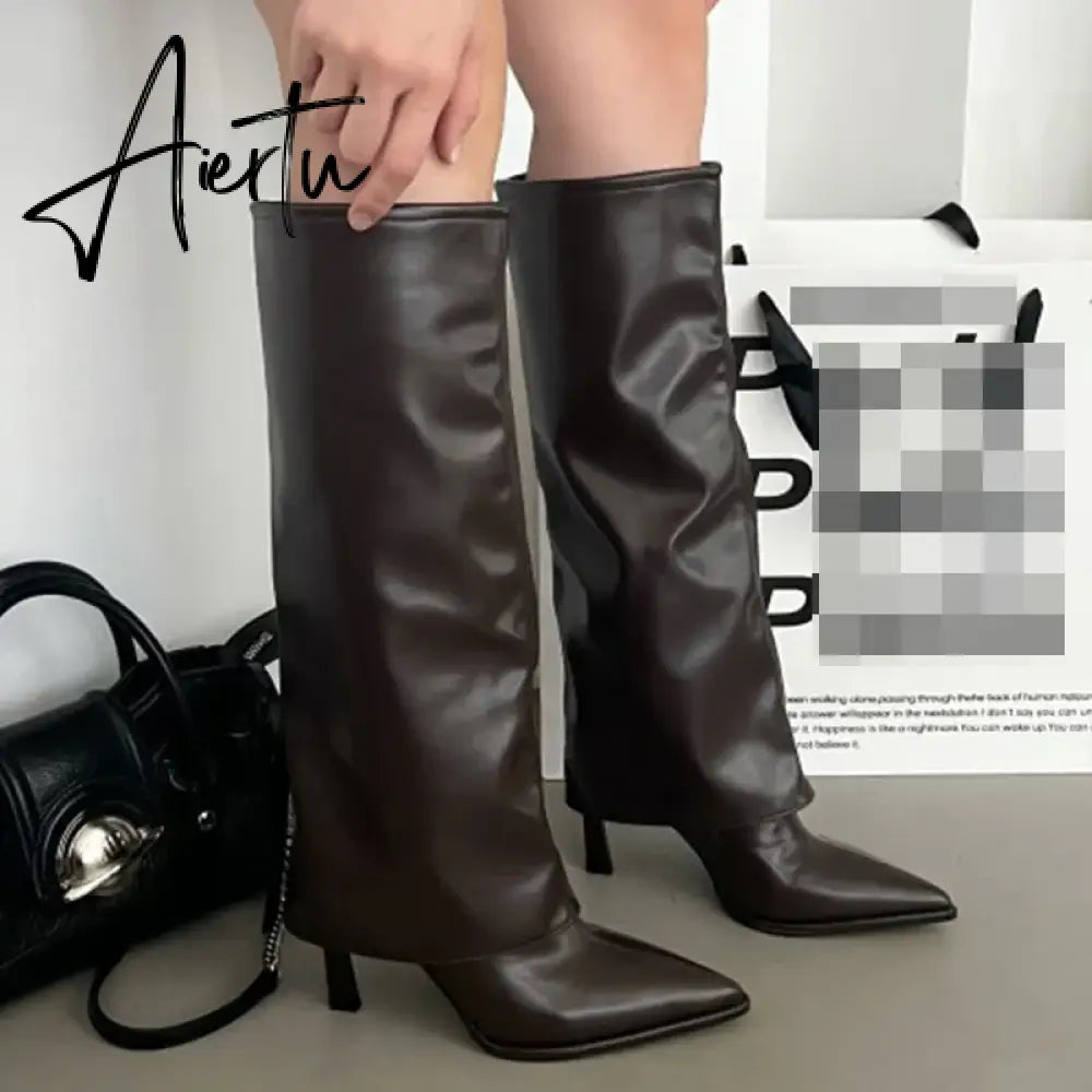 Party Modern Ladies Knee High Boots Pointed Toe  Fashion Pleated Western Women Long Boots Shoes Female Pumps Heels Shoes Aiertu