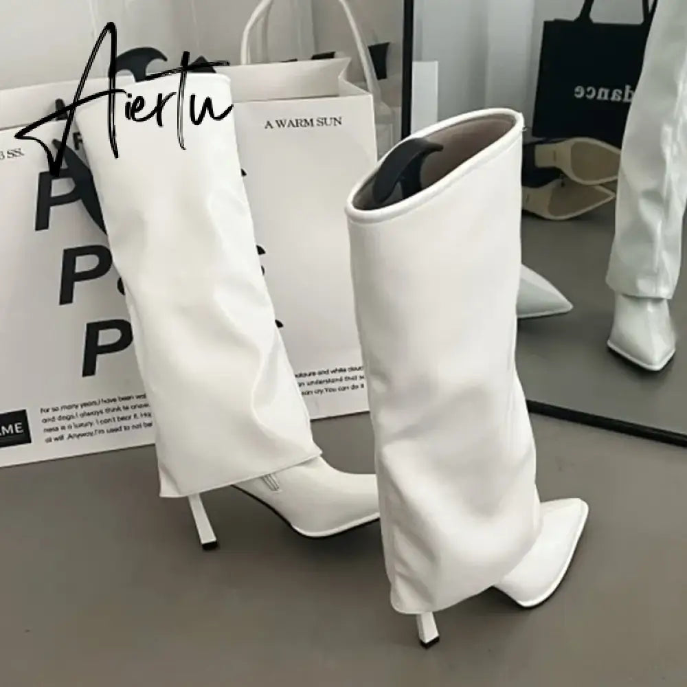 Party Modern Ladies Knee High Boots Pointed Toe  Fashion Pleated Western Women Long Boots Shoes Female Pumps Heels Shoes Aiertu