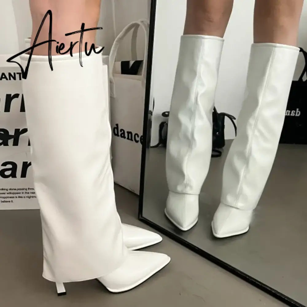 Party Modern Ladies Knee High Boots Pointed Toe  Fashion Pleated Western Women Long Boots Shoes Female Pumps Heels Shoes Aiertu