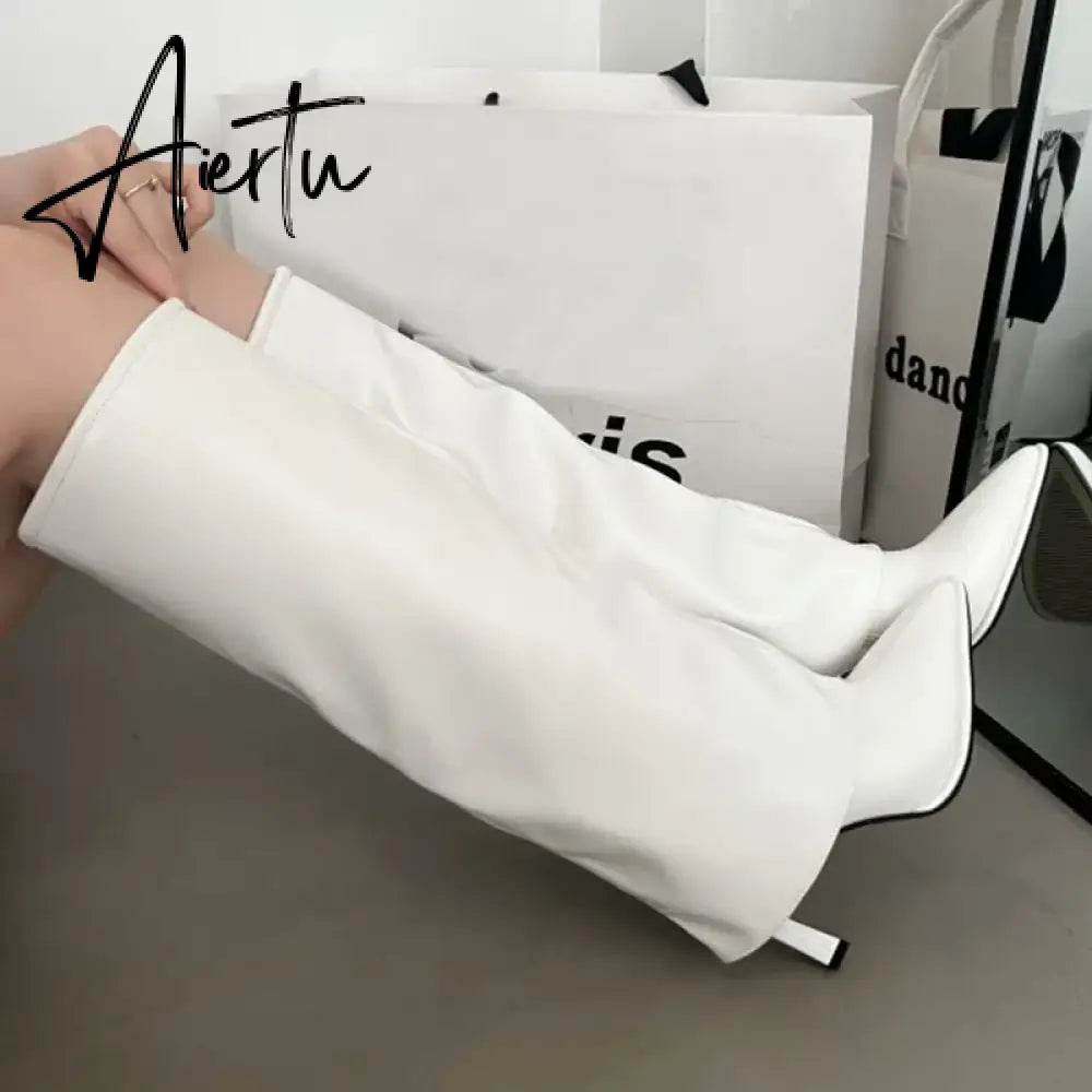 Party Modern Ladies Knee High Boots Pointed Toe  Fashion Pleated Western Women Long Boots Shoes Female Pumps Heels Shoes Aiertu