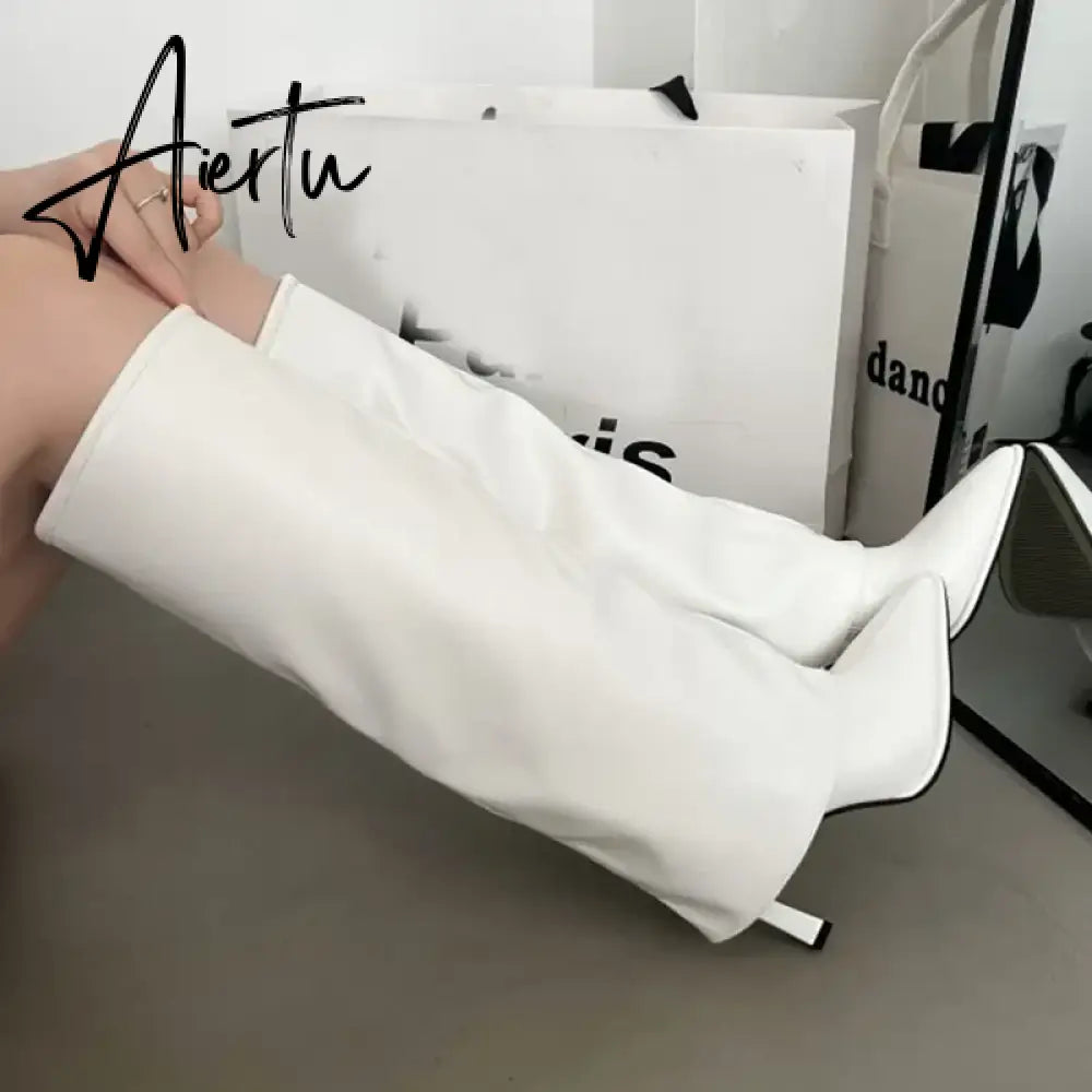 Party Modern Ladies Knee High Boots Pointed Toe  Fashion Pleated Western Women Long Boots Shoes Female Pumps Heels Shoes Aiertu