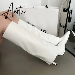 Party Modern Ladies Knee High Boots Pointed Toe  Fashion Pleated Western Women Long Boots Shoes Female Pumps Heels Shoes Aiertu