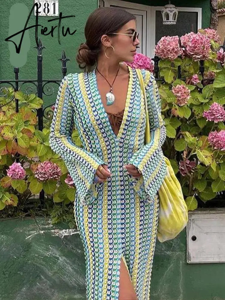 Patchwork Deep V-neck Women's Knit Dress Casual Full Flare Sleeve Crocheted Slit Long Dresses Female Autumn Party Vestidos Aiertu