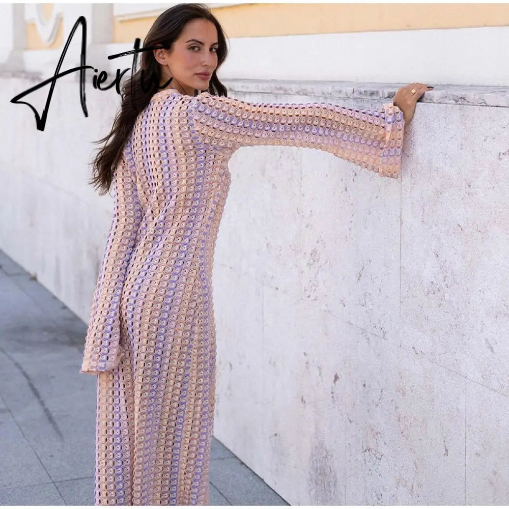 Patchwork Deep V-neck Women's Knit Dress Casual Full Flare Sleeve Crocheted Slit Long Dresses Female Autumn Party Vestidos Aiertu