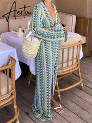 Patchwork Deep V-neck Women's Knit Dress Casual Full Flare Sleeve Crocheted Slit Long Dresses Female Autumn Party Vestidos Aiertu