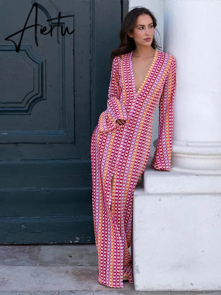 Patchwork Deep V-neck Women's Knit Dress Casual Full Flare Sleeve Crocheted Slit Long Dresses Female Autumn Party Vestidos Aiertu