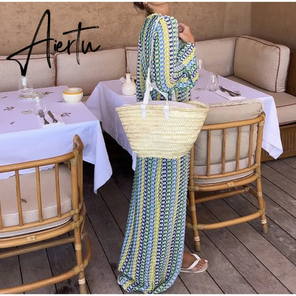 Patchwork Deep V-neck Women's Knit Dress Casual Full Flare Sleeve Crocheted Slit Long Dresses Female Autumn Party Vestidos Aiertu