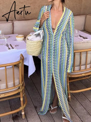 Patchwork Deep V-neck Women's Knit Dress Casual Full Flare Sleeve Crocheted Slit Long Dresses Female Autumn Party Vestidos Aiertu