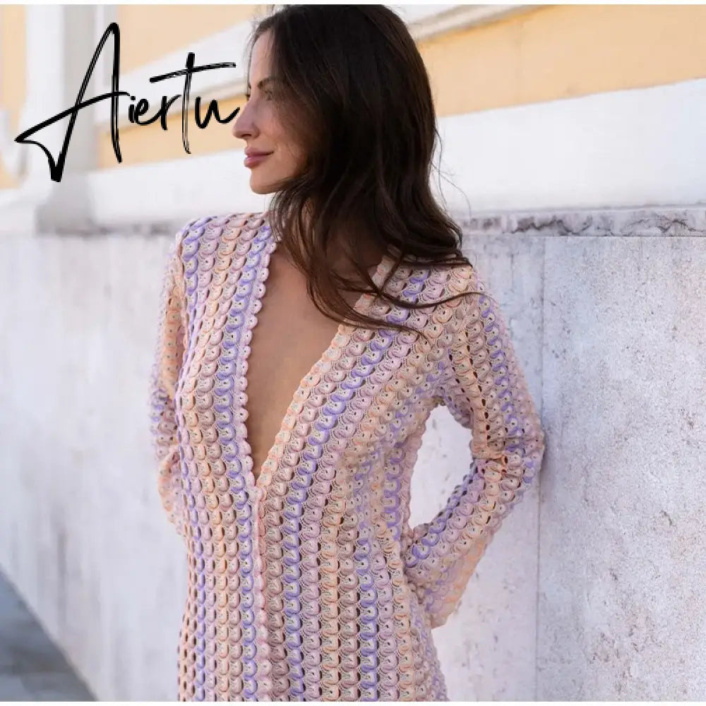 Patchwork Deep V-neck Women's Knit Dress Casual Full Flare Sleeve Crocheted Slit Long Dresses Female Autumn Party Vestidos Aiertu