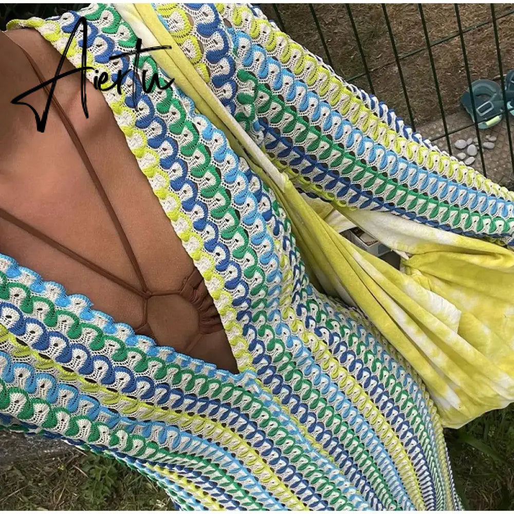 Patchwork Deep V-neck Women's Knit Dress Casual Full Flare Sleeve Crocheted Slit Long Dresses Female Autumn Party Vestidos Aiertu