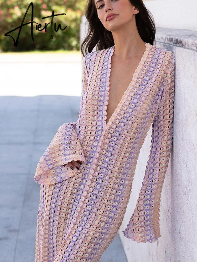 Patchwork Deep V-neck Women's Knit Dress Casual Full Flare Sleeve Crocheted Slit Long Dresses Female Autumn Party Vestidos Aiertu